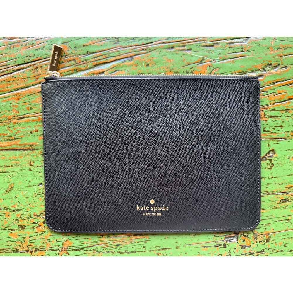 Kate Spade New York Black Saffiano Leather Zipper Pouch Flat Clutch Bag